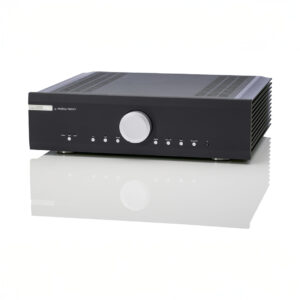 High-end audio amplifier with control knobs.