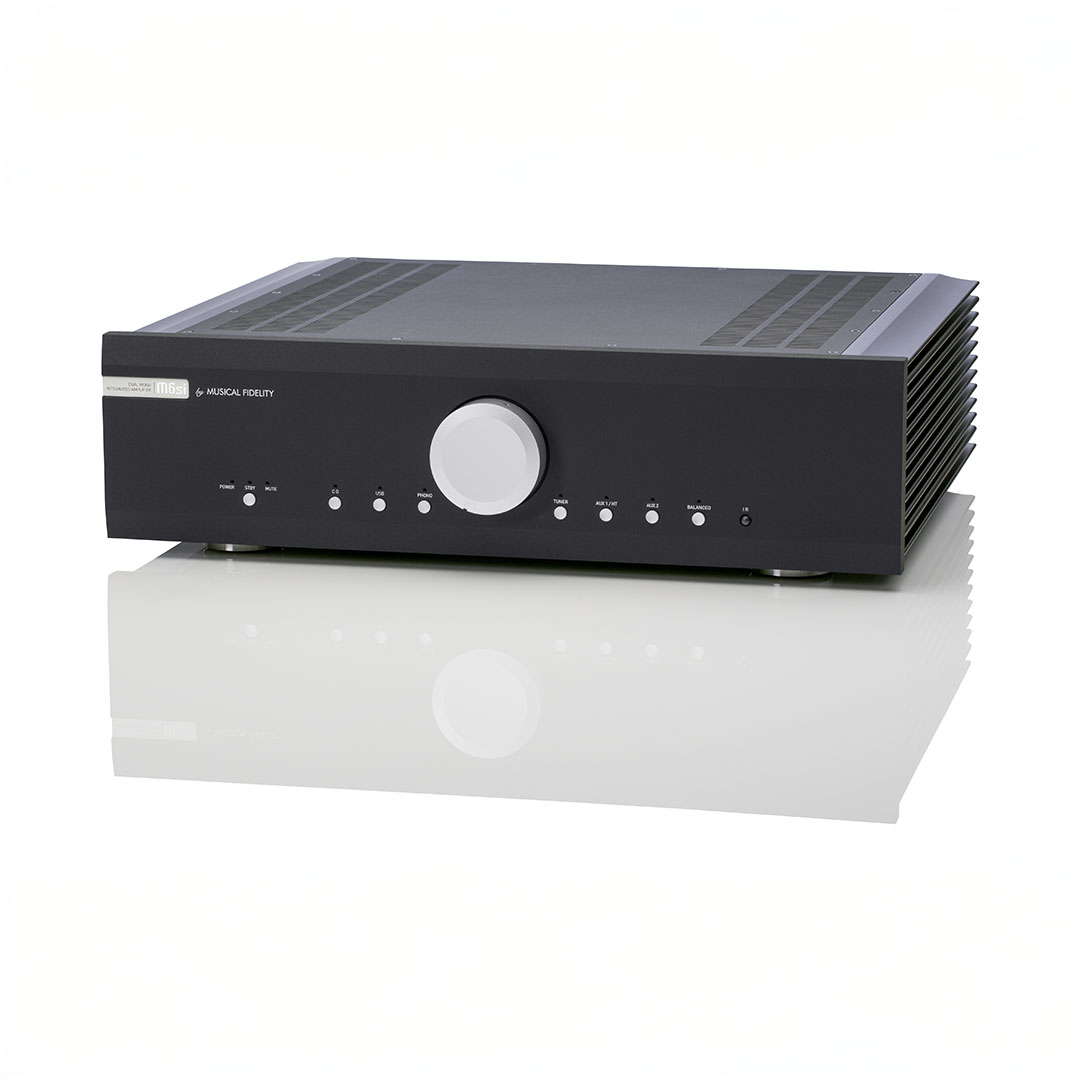 High-end audio amplifier with control knobs.