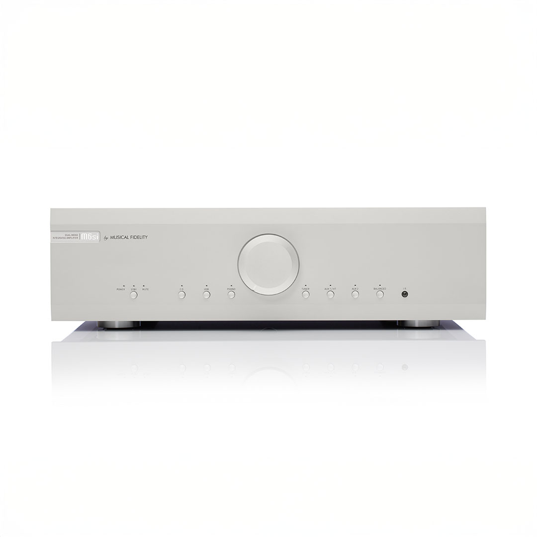 Silver stereo amplifier front view