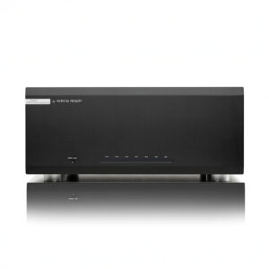 Black audio amplifier with five channels.