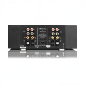 Back panel of audio power amplifier with connections.