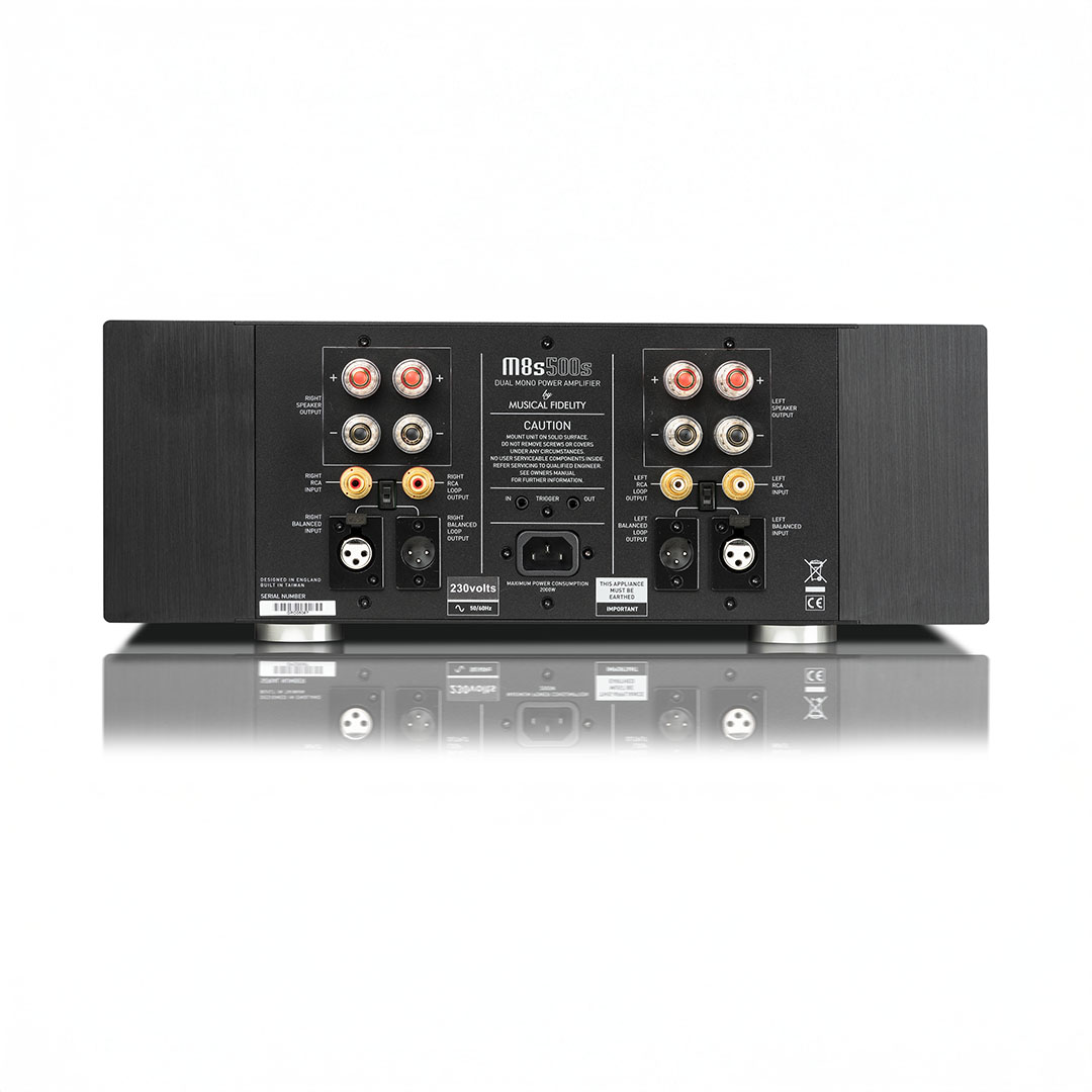 Back panel of audio power amplifier with connections.