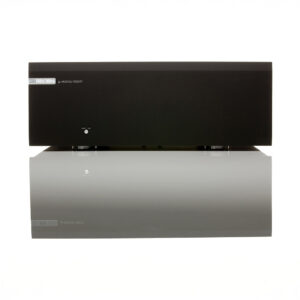 Black audio amplifier with reflective surface