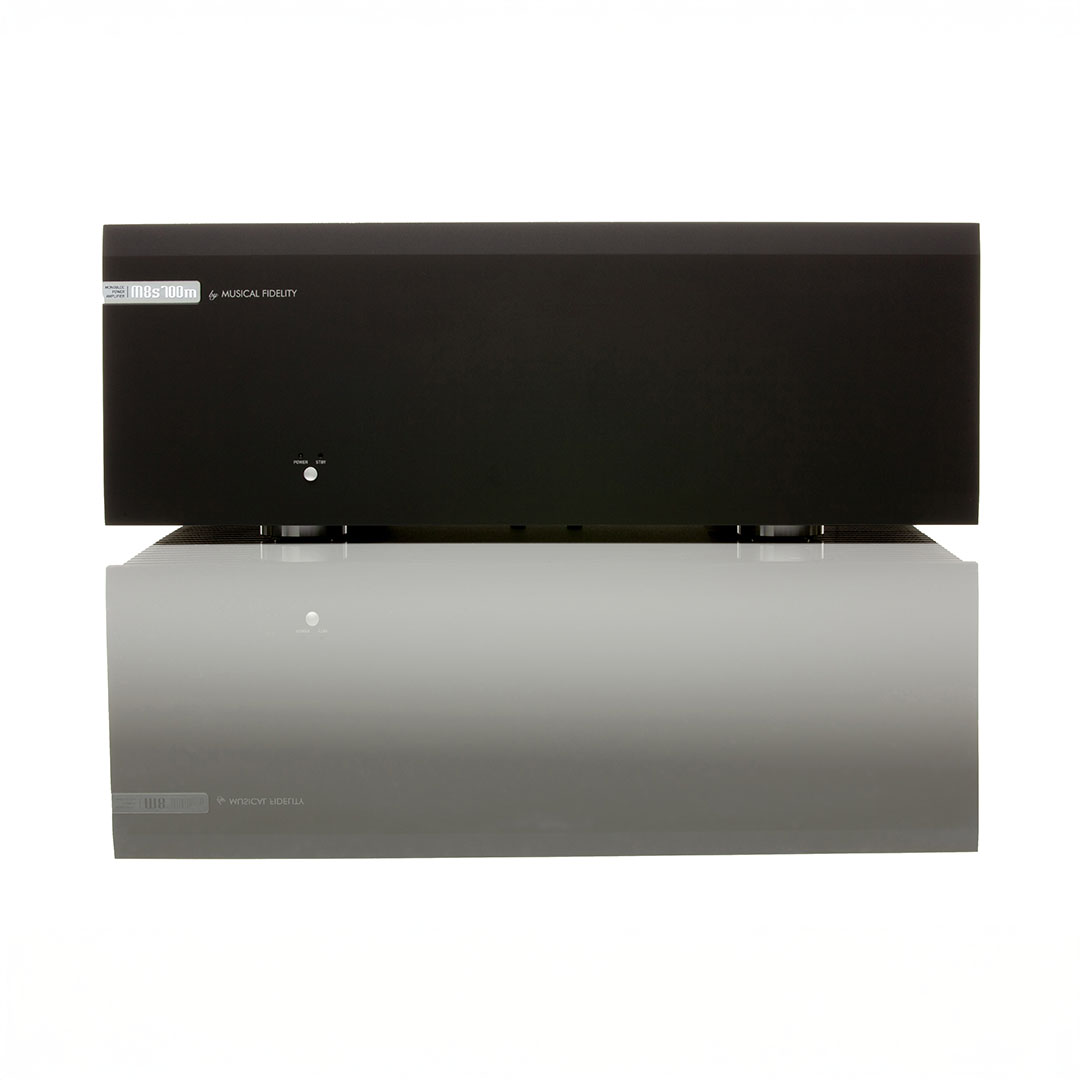 Black audio amplifier with reflective surface