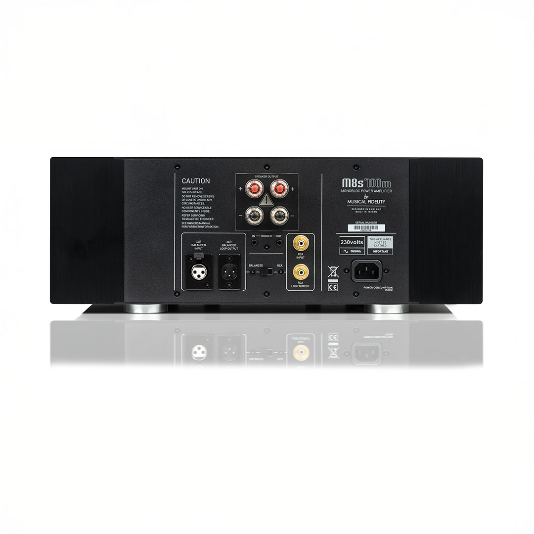 Back panel of audio power amplifier with connectors.