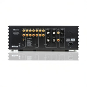 Back panel of audio preamplifier with multiple inputs.