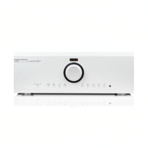 White audio amplifier with control knobs and display.