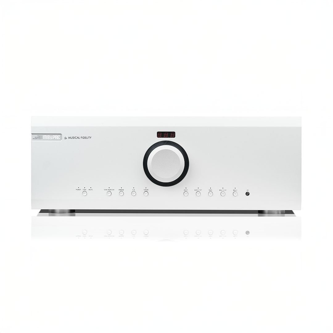 White audio amplifier with control knobs and display.