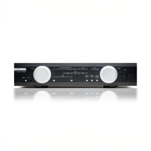 Black stereo amplifier with control knobs and display.