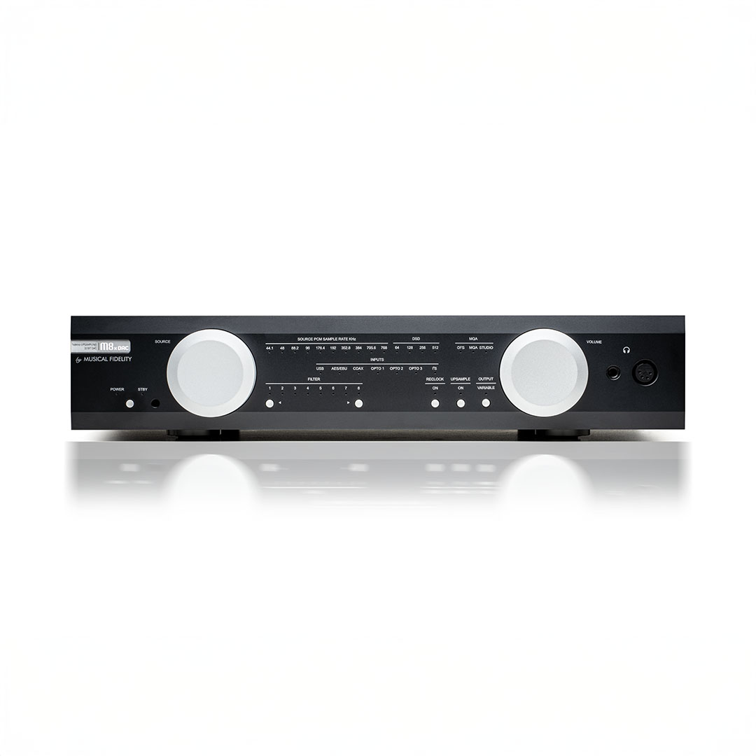 Black stereo amplifier with control knobs and display.