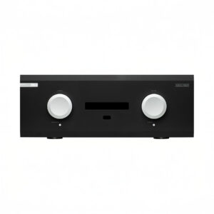 Black audio amplifier with two round knobs