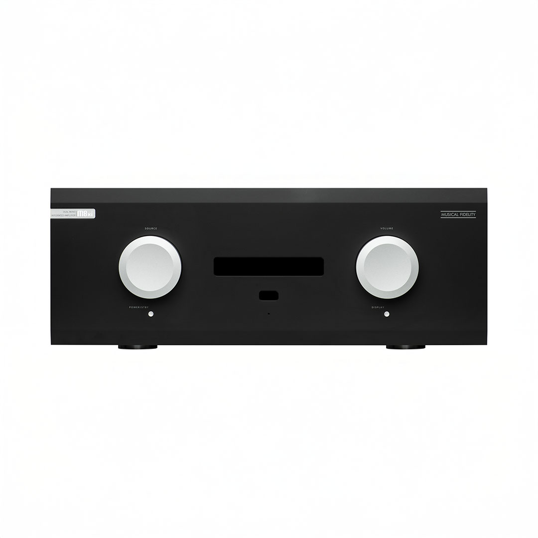 Black audio amplifier with two round knobs