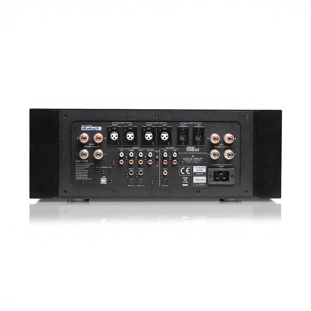 Rear view of audio amplifier with connectors.