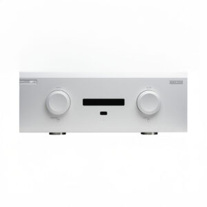 Silver stereo amplifier front view with control knobs.