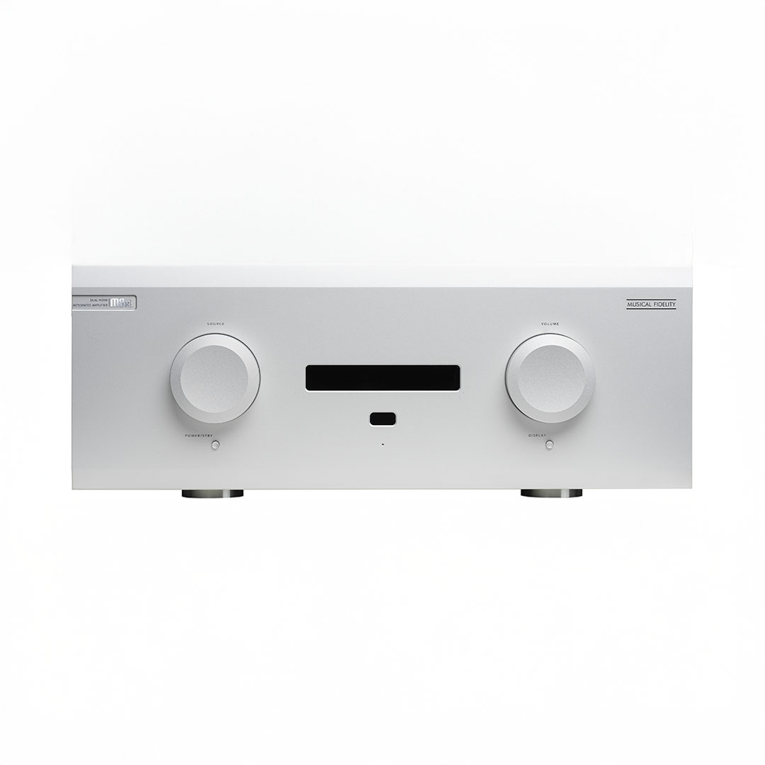 Silver stereo amplifier front view with control knobs.