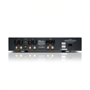 Rear view of audio amplifier with multiple connectors.