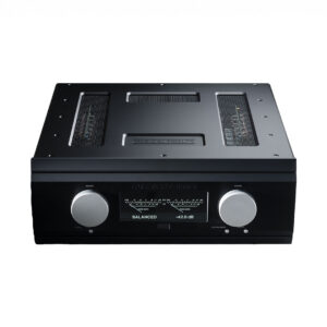 High-end audio amplifier with VU meters and knobs.