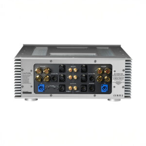 Back panel of a stereo power amplifier.