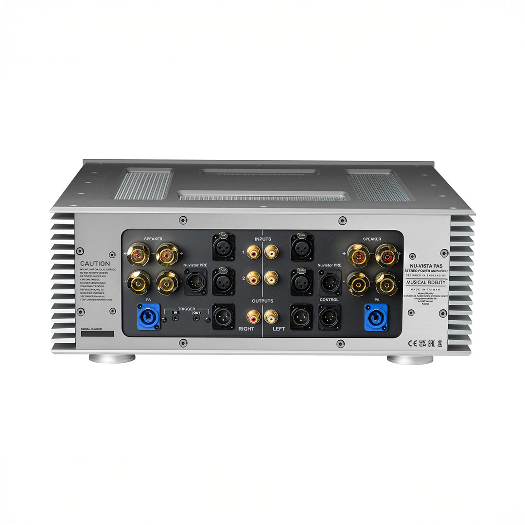 Back panel of a stereo power amplifier.