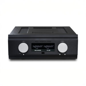 High-end audio amplifier with display and controls.