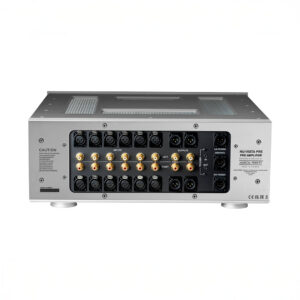 Rear view of audio amplifier with multiple connections.