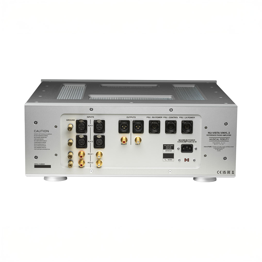 Back view of audio amplifier connections and inputs.