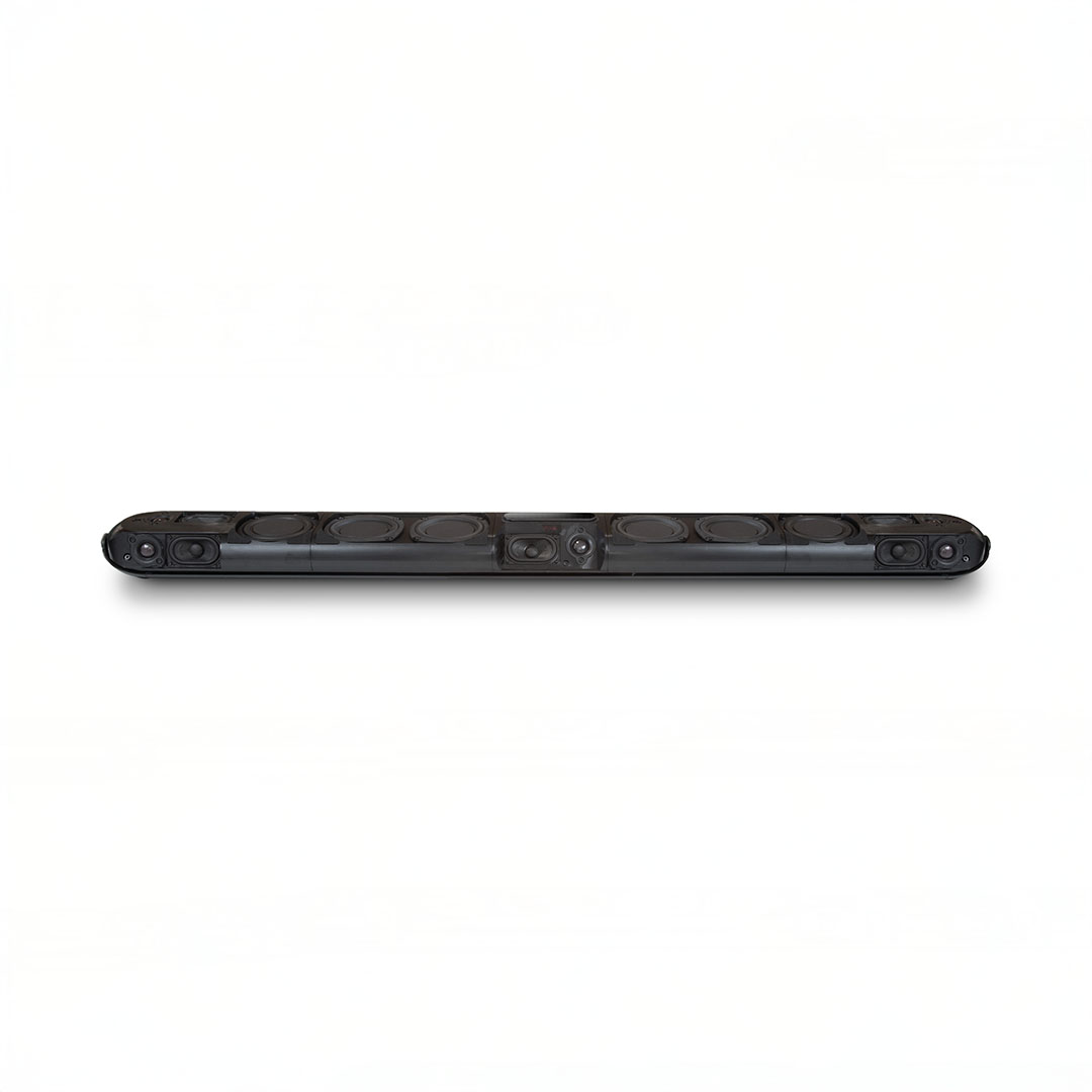 Black soundbar with visible internal components.