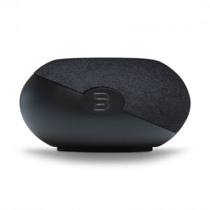 Black wireless speaker with logo