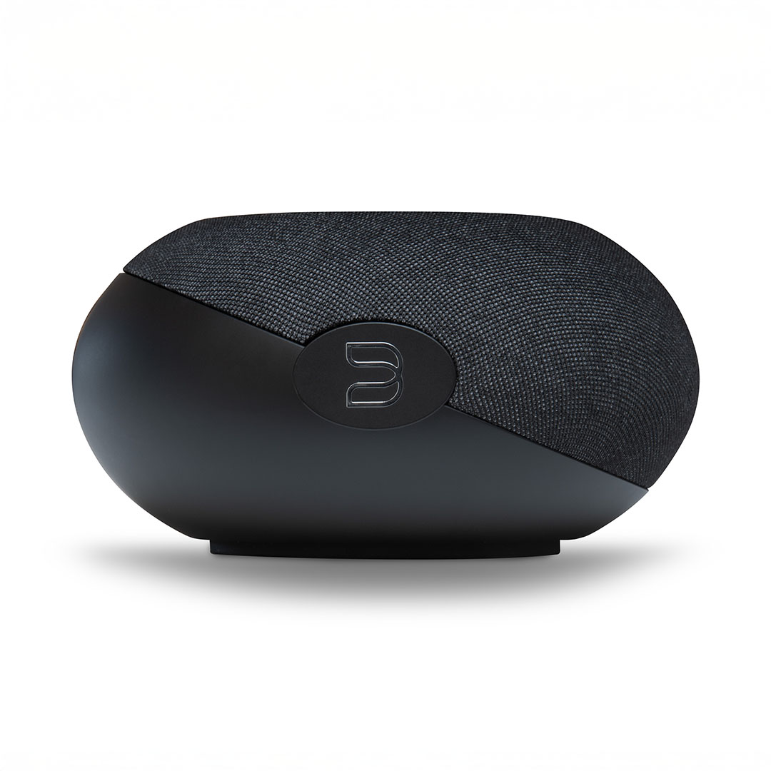 Black wireless speaker with logo