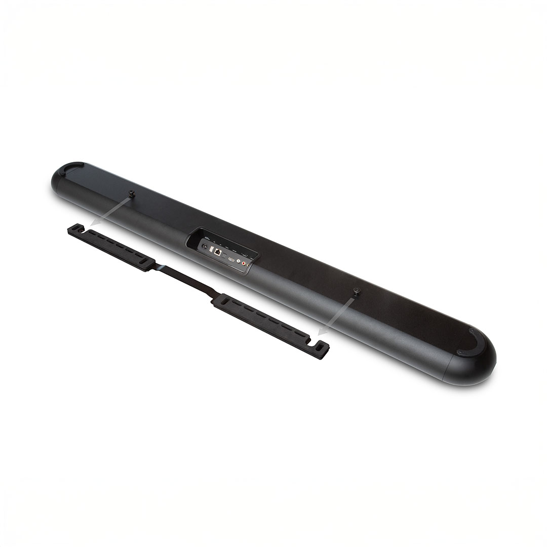 Back view of a black soundbar with ports.