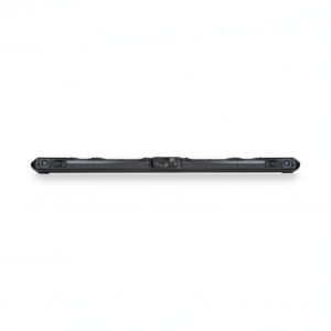 Long black soundbar speaker on white background.