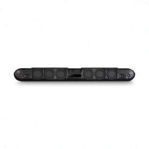 Black soundbar speaker with multiple drivers and ports.