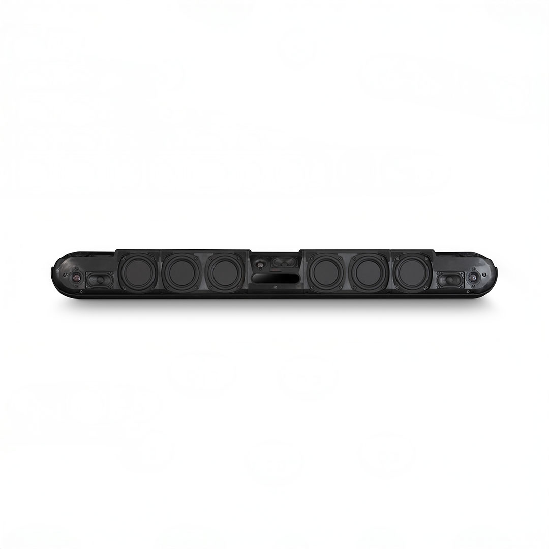 Black soundbar speaker with multiple drivers and ports.