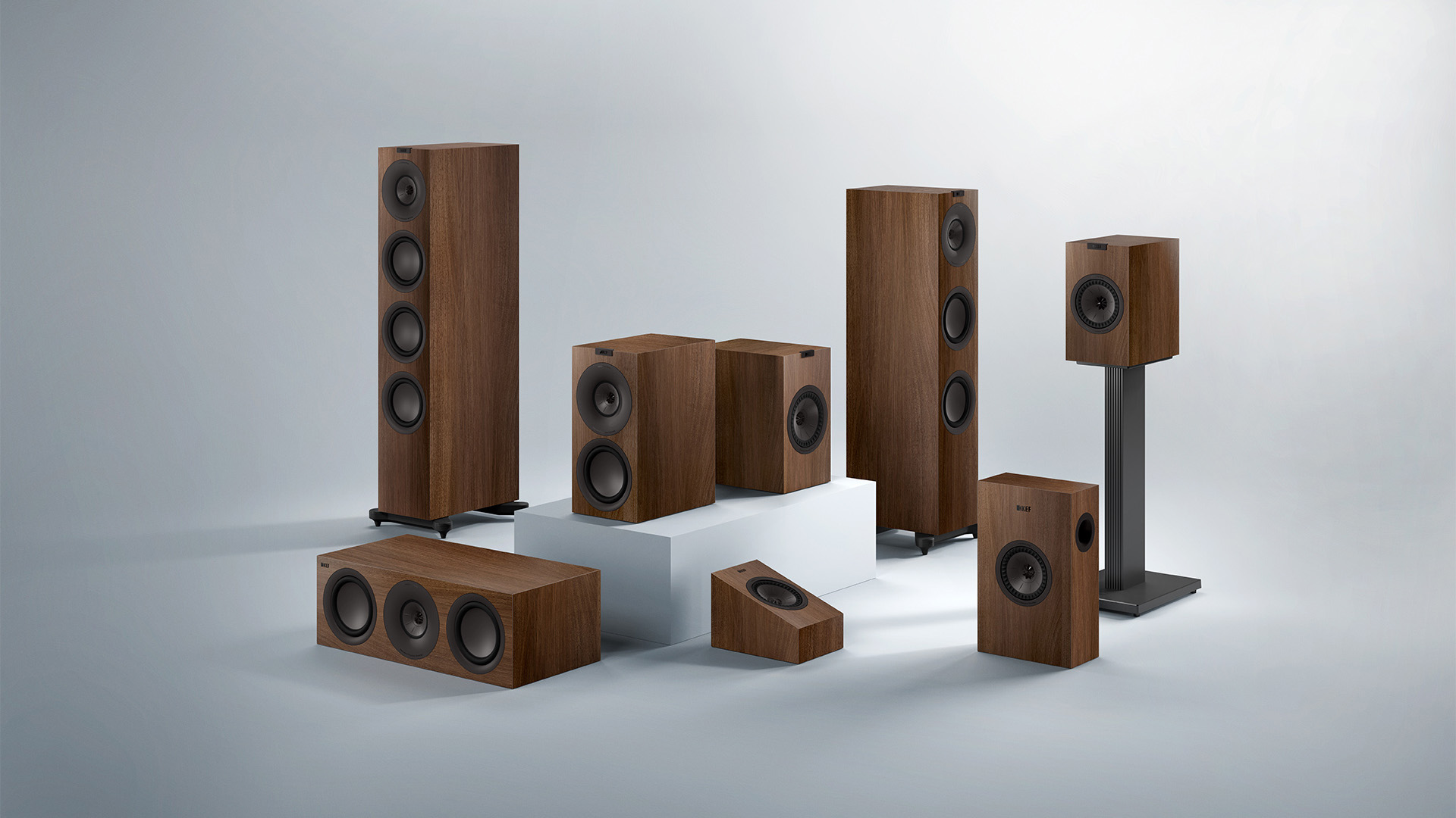 A group of Kef hi-fi speakers