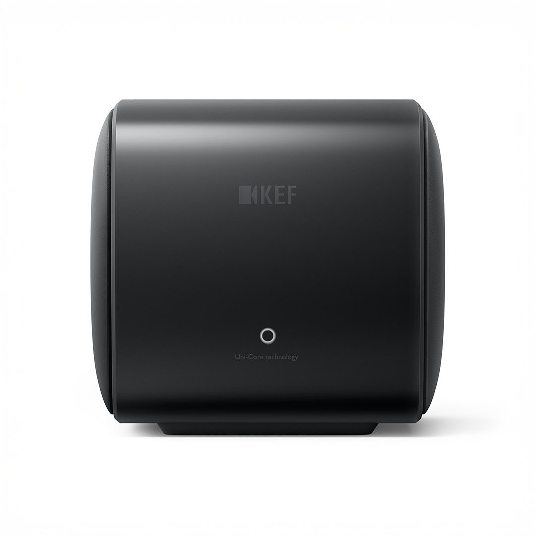 Black KEF subwoofer with Uni-Core technology