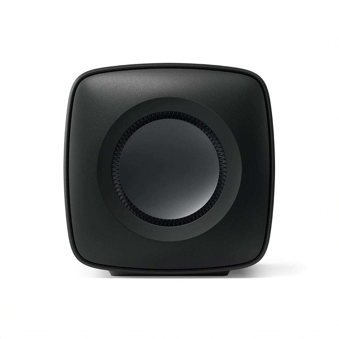 Black wireless speaker on white background.