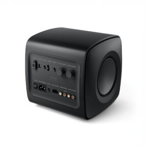 Compact black subwoofer with connection ports.
