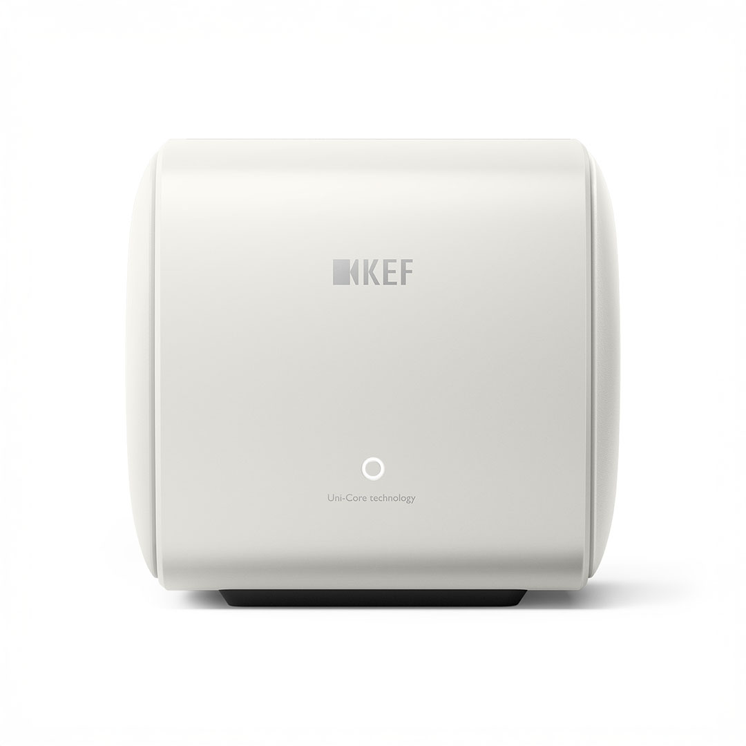 KEF subwoofer with Uni-Core technology, white design.