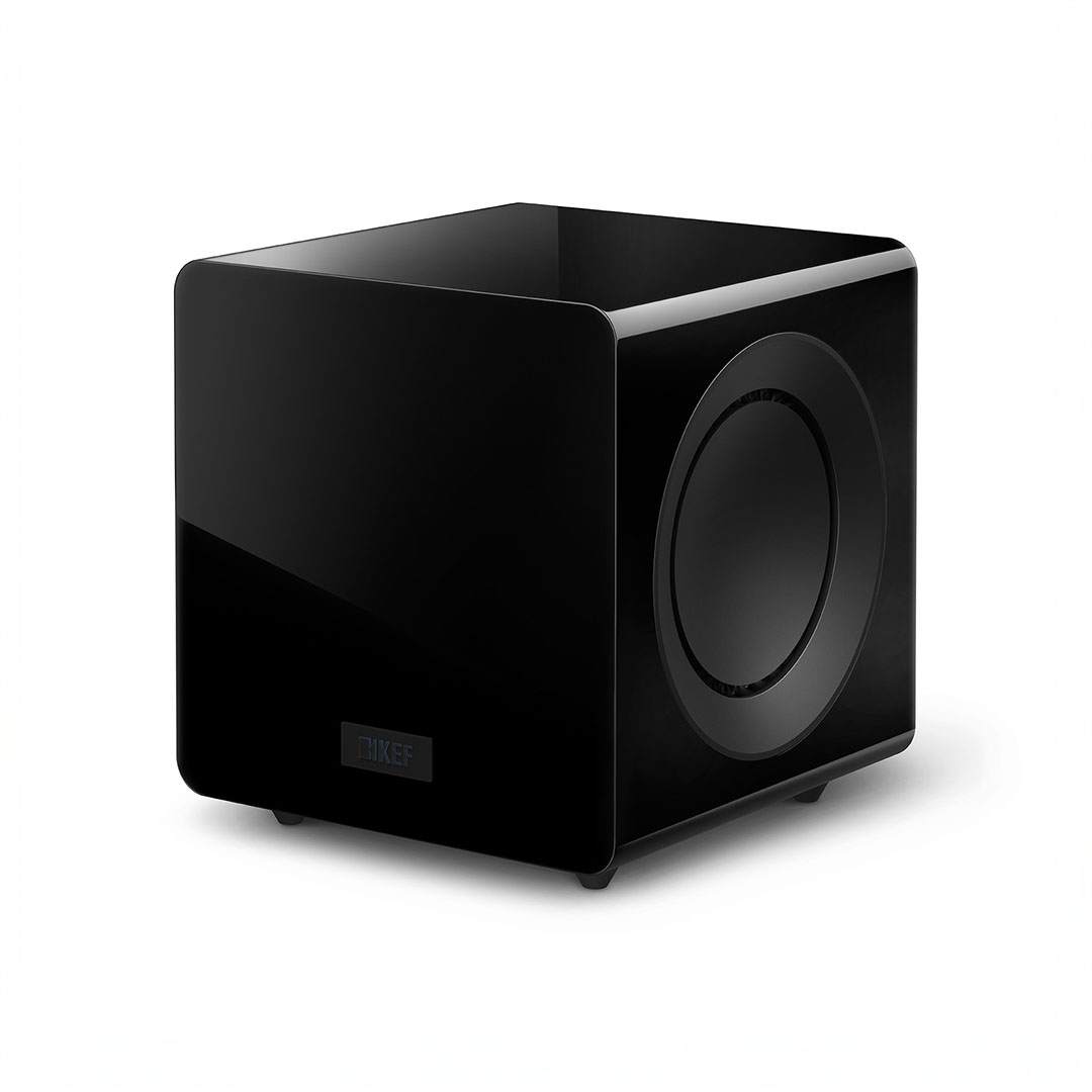 Sleek black KEF subwoofer on white background.