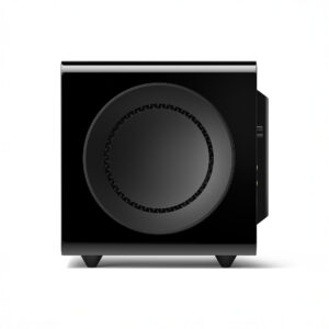 Modern black subwoofer on white background