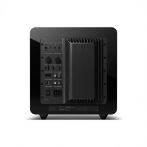Back view of black subwoofer with connectors and controls.