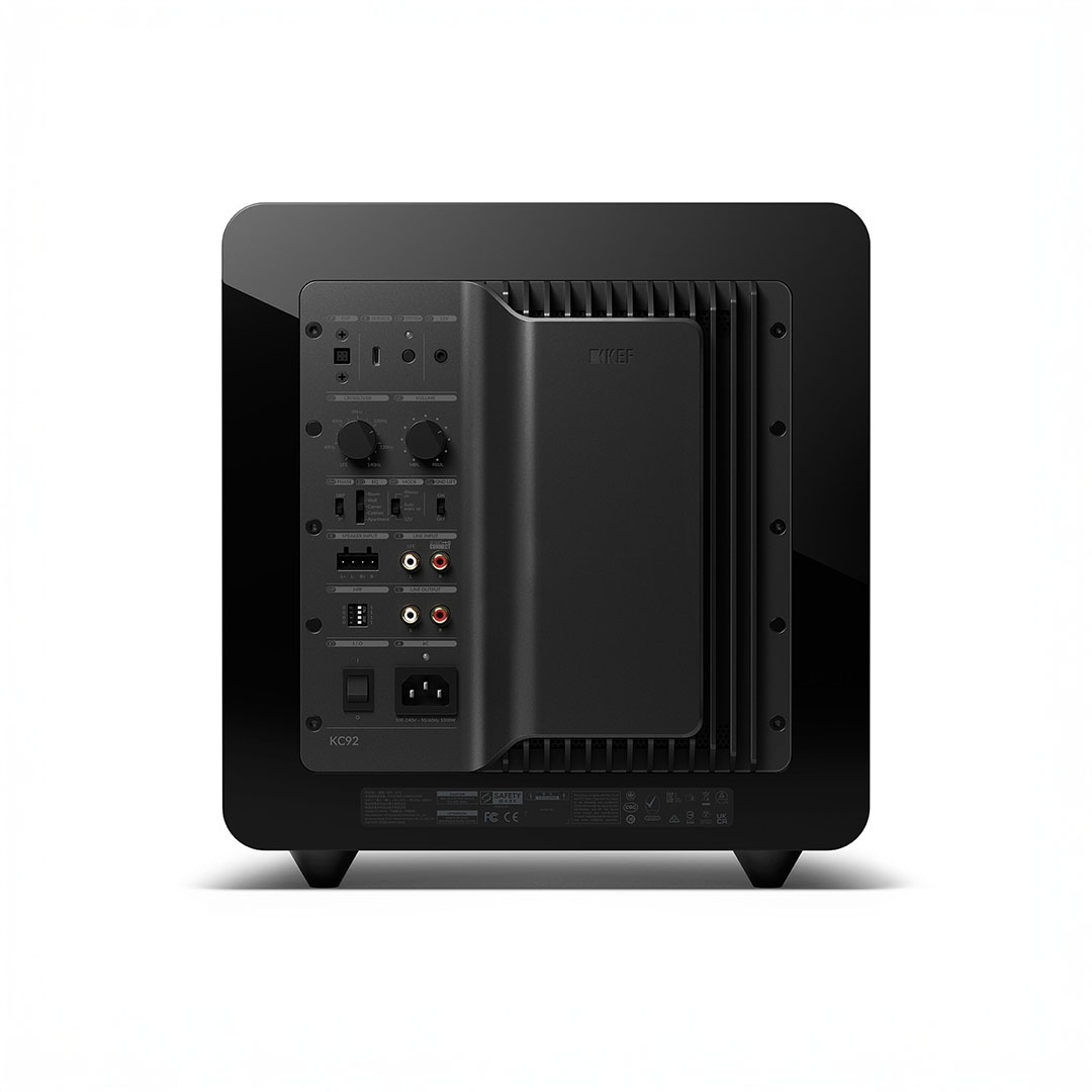 Back view of black subwoofer with connectors and controls.