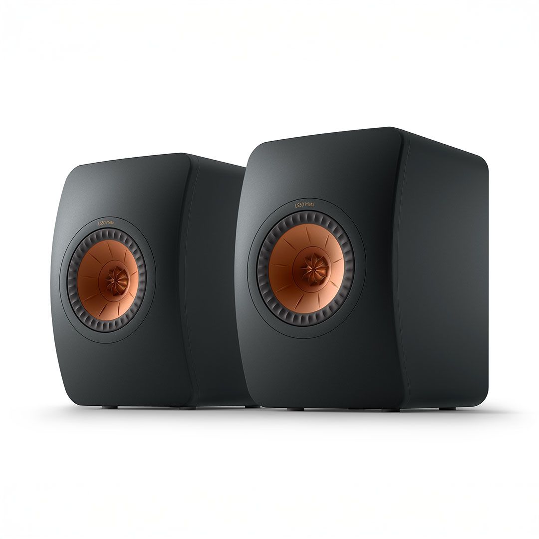 Black speakers with copper cones front view