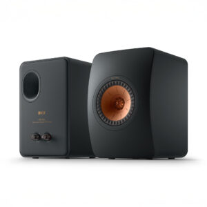Black bookshelf speakers with copper accents.