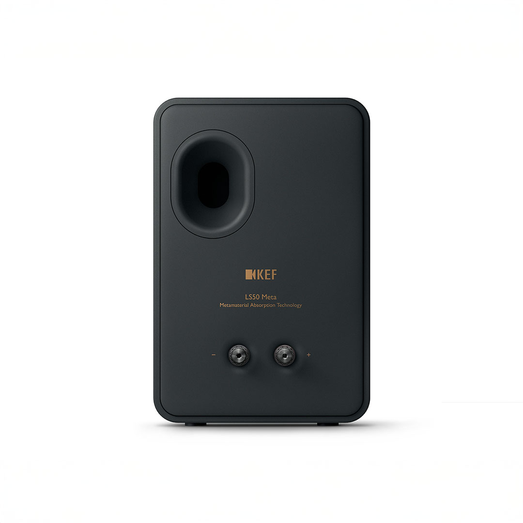 KEF LS50 Meta rear speaker panel with inputs visible.