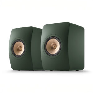 High-end green speakers with gold accents