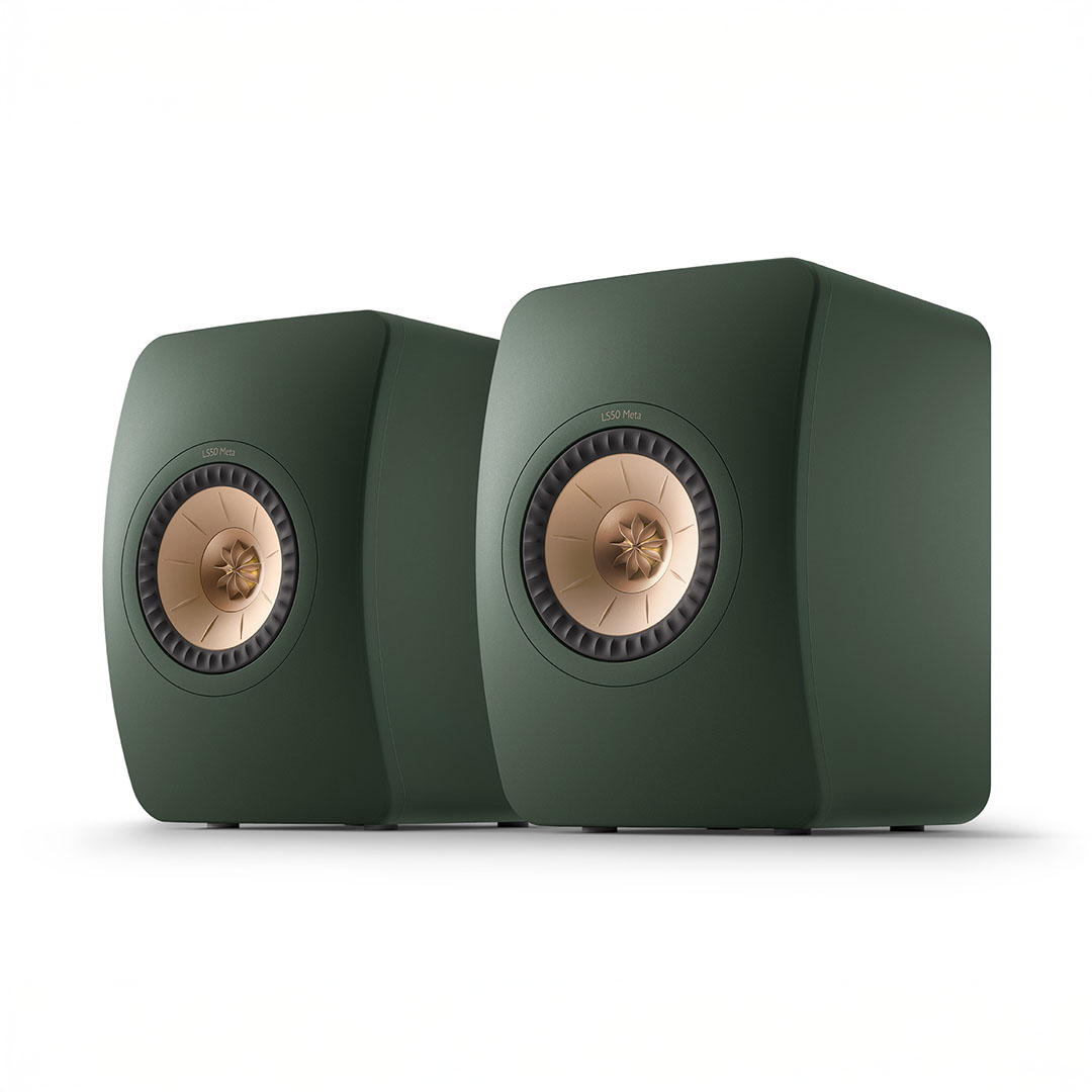 High-end green speakers with gold accents