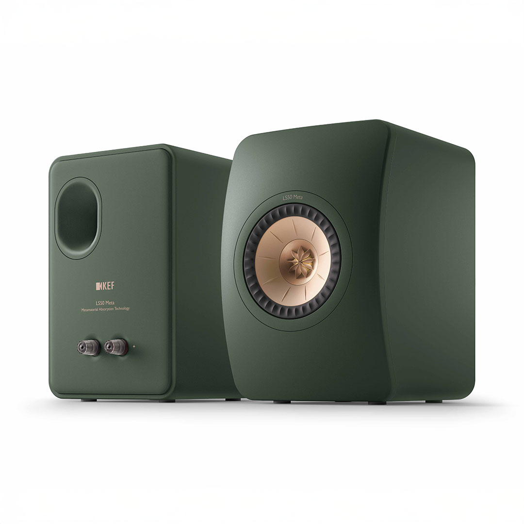 Green KEF LS50 Meta speakers front view