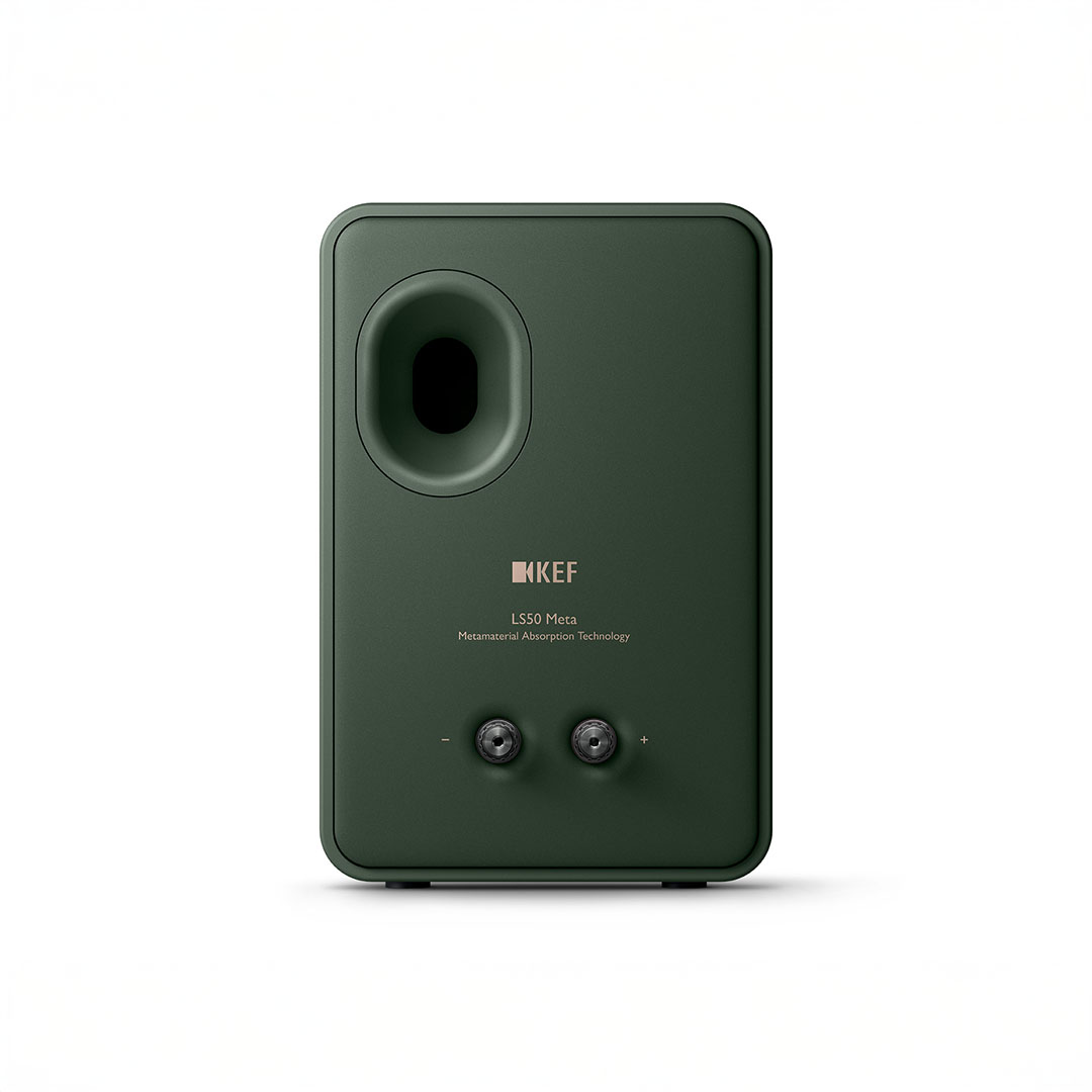 Back view of green KEF LS50 Meta speaker