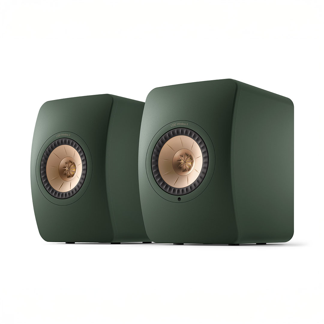 Green wireless speakers with copper accents